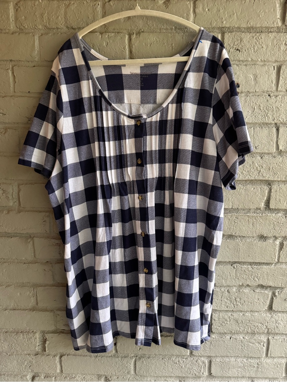 Woman within Sz 2X NWOT Black &  White checkered Scoop neck button up SS f